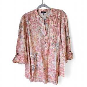 Cocomo Women's Size 2X Floral Top Coral Boho Pleated Tunic Roll Tab Sleeve